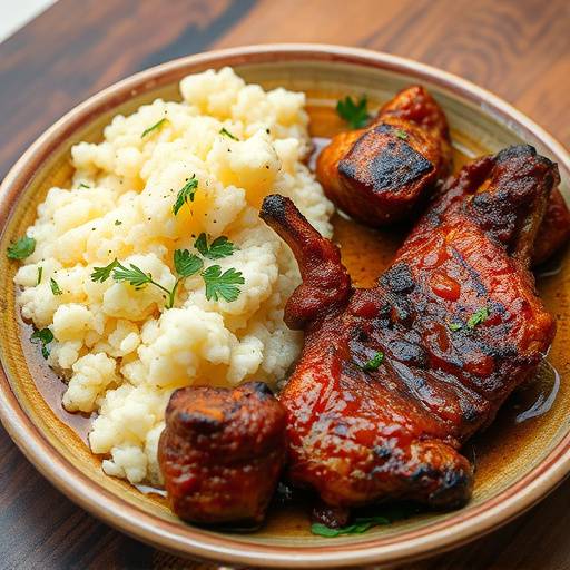 A plate of Chakalaka served with pap and grilled meat.