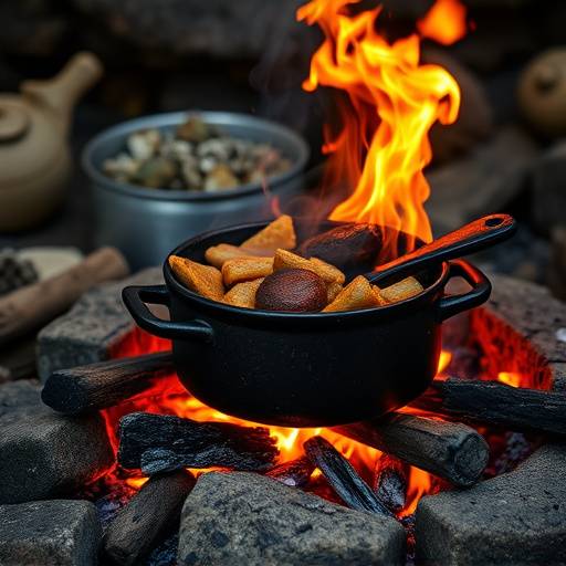 A Potjiekos dish being cooked in a traditional three-legged cast iron pot over an open fire.
