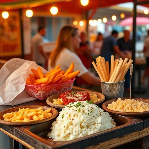 A vibrant street food scene with vendors selling vetkoek, Gatsby sandwiches, and pap and vleis.