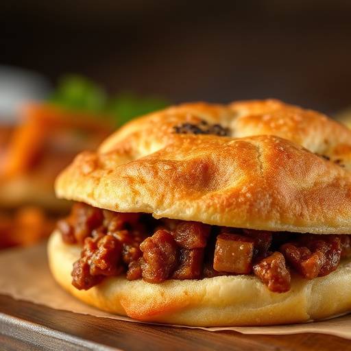 Close up shot of Vetkoek, golden fried dough pockets, filled with savory mince
