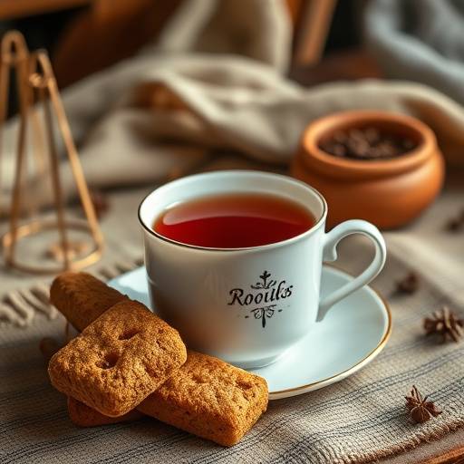 Image of a mug of rooibos tea with a rusks displayed beside the mug.