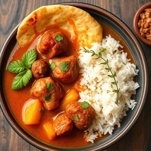 Lamb Curry served with rice and roti