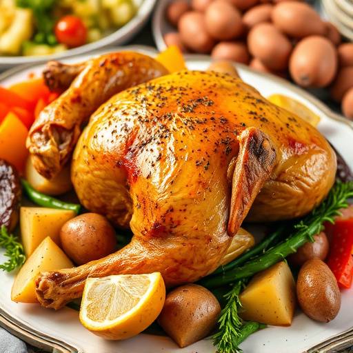 Roast chicken with potatoes and vegetables on a platter